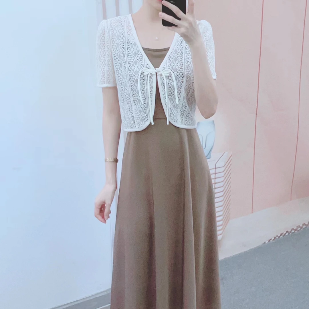 清仓品牌专柜撤柜时尚针织小外披+吊带连衣裙两件套裙268/D1