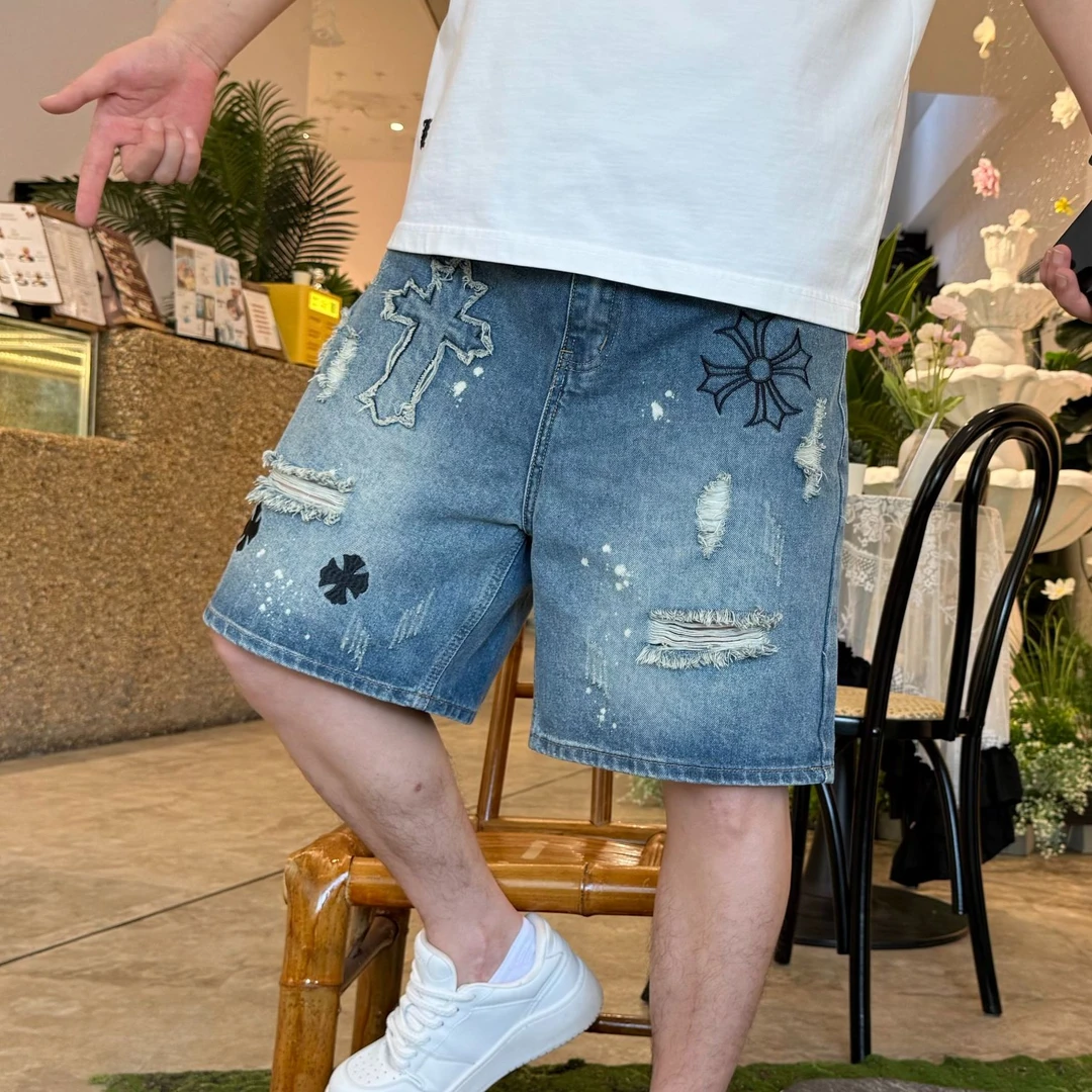 高端系列重工潮牌男士短裤休闲时尚潮流做旧牛仔短裤五分裤2058