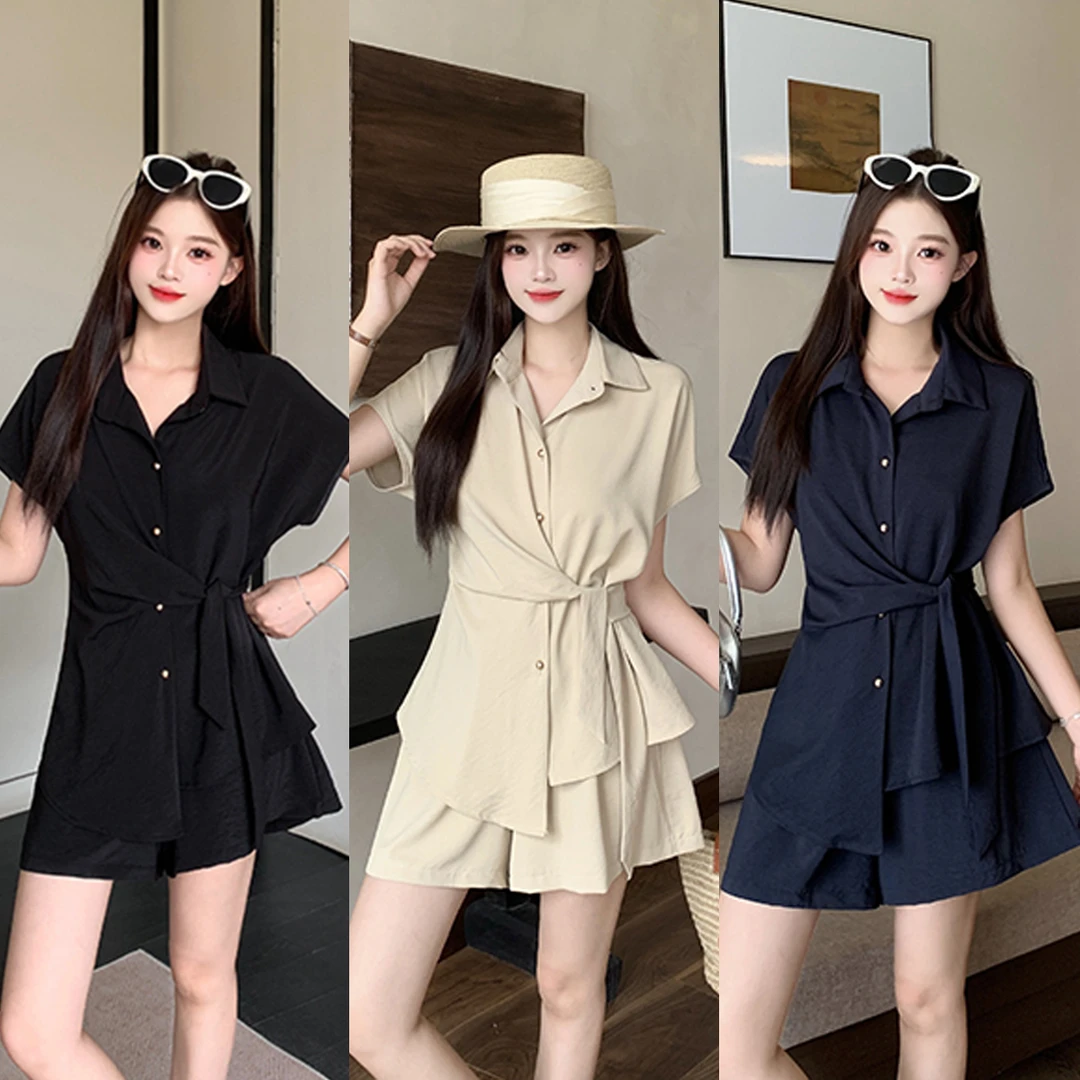 老钱风气质绑带收腰Polo领衬衫宽松休闲短裤两件套2025夏季新款潮