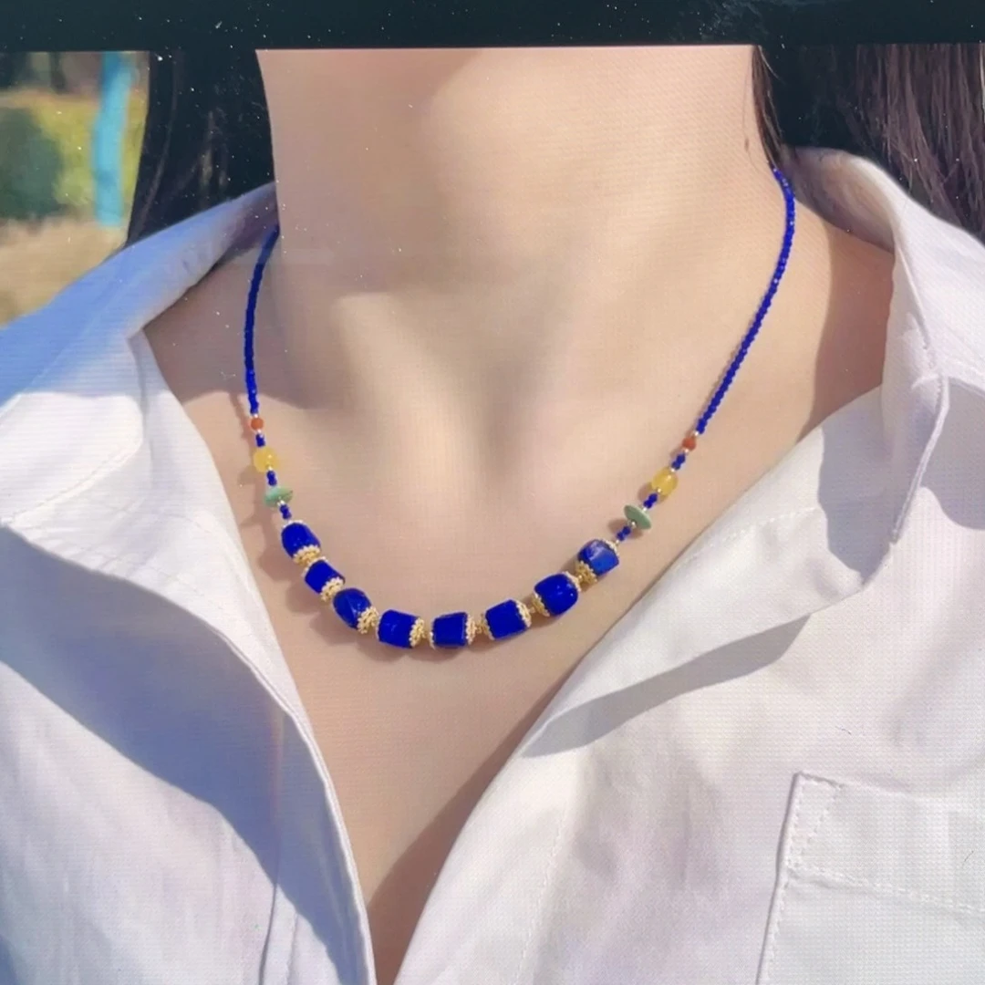 银S925镀金镶嵌青金石项链