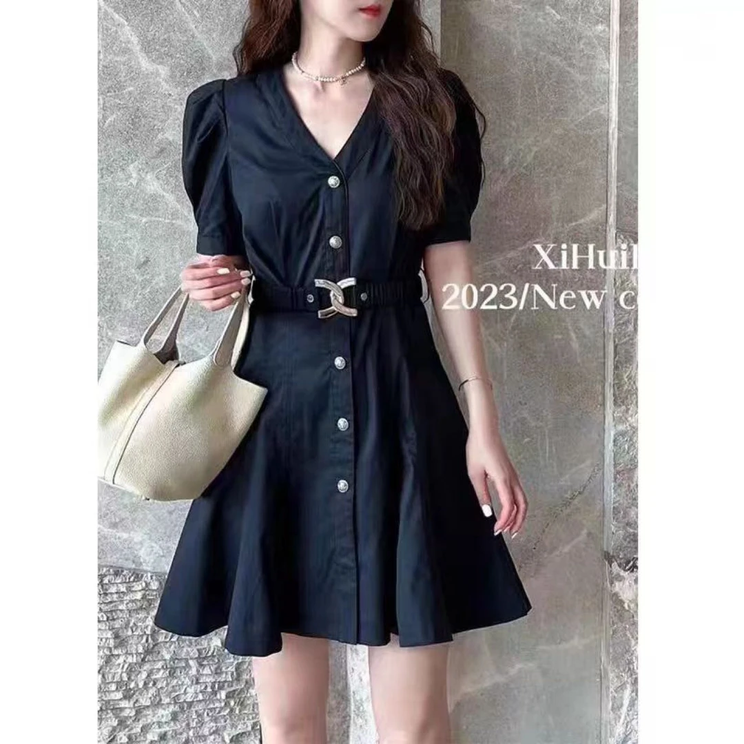 欧洲轻奢2025春季新款气质高腰连衣裙女中长款修身大摆a字裙10148