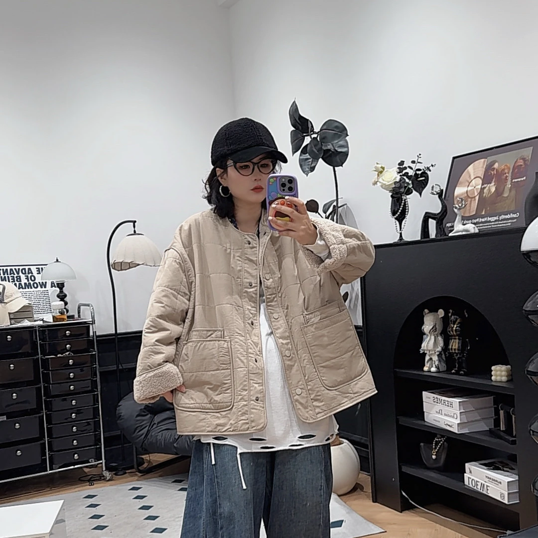 哆唛858832款圆领长袖纯色单排扣加糕毛宽松欧韩时尚潮流休闲棉袄
