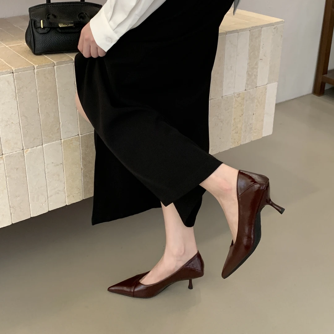 2026春季新款黑色气质百搭高跟鞋猫跟法式尖头软皮单鞋浅口通勤鞋