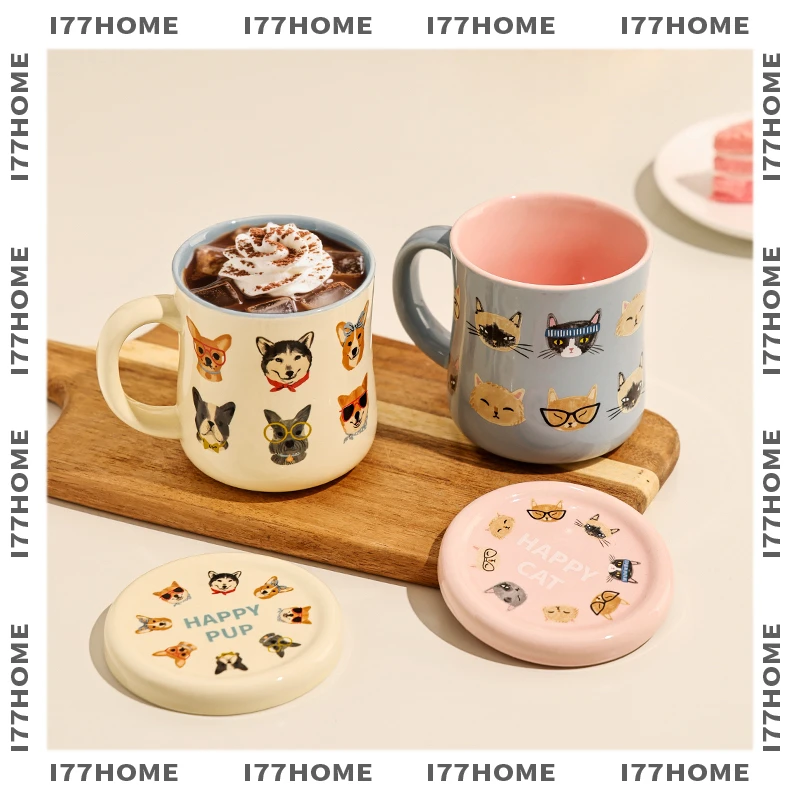 可爱卡通小猫小狗马克杯咖啡杯带盖陶瓷杯生日礼物送女生水杯