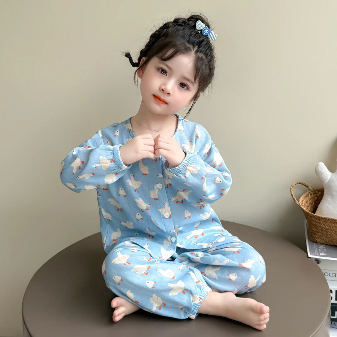 女童春秋睡衣2025新款宝宝纯棉开衫空调服防着凉卡通大鹅家居服套