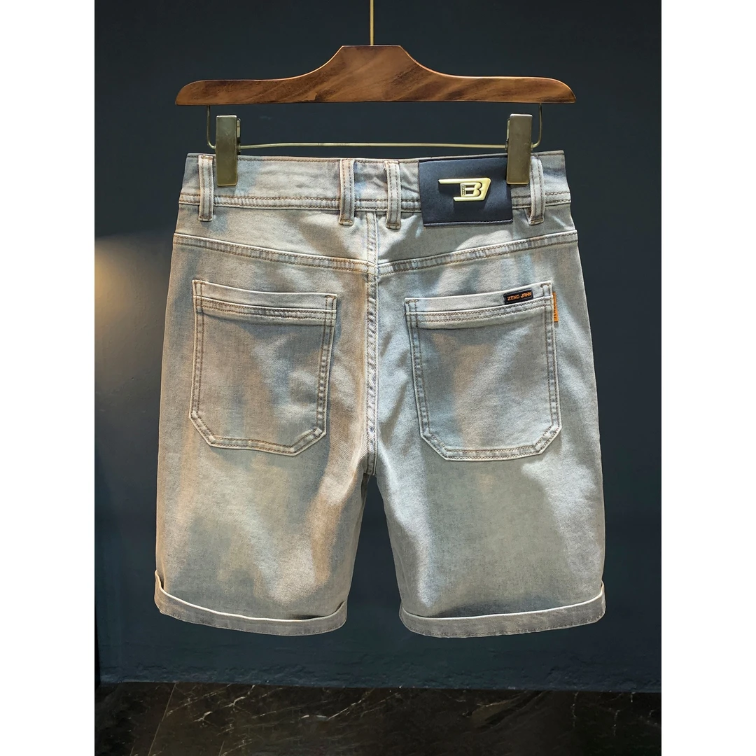 美式复古硬汉风直筒牛仔短裤男士潮流刺绣水洗灰色休闲五分中裤男