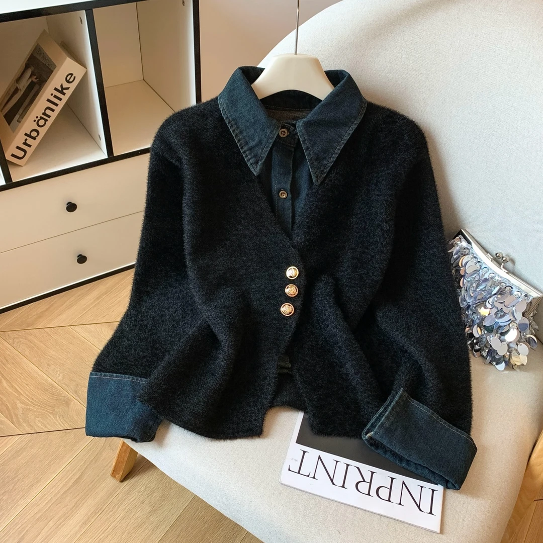 小香风牛仔假两件翻领软糯毛衣外套秋冬季新款宽松气质上衣女