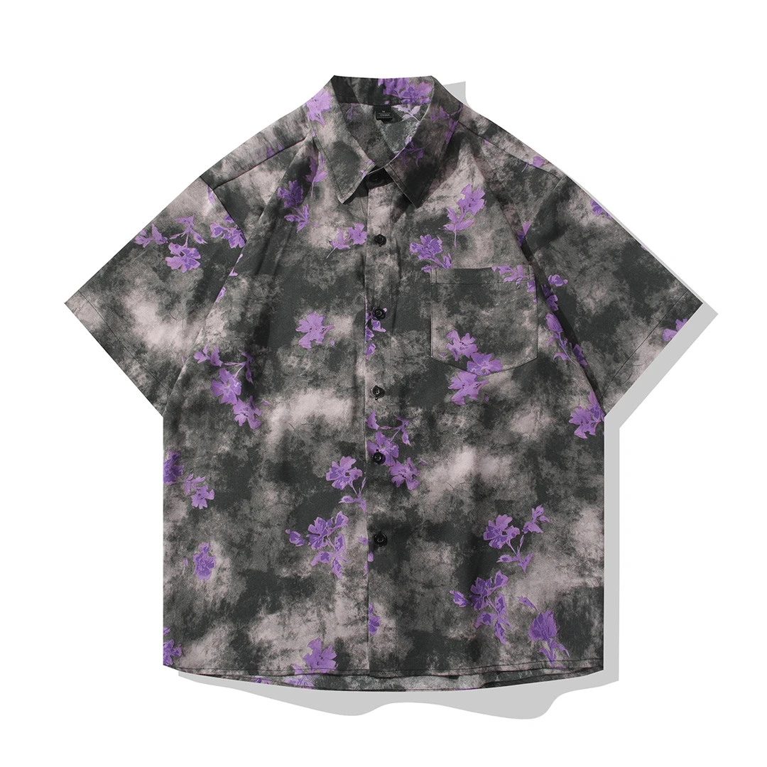 中式冰丝透气衬衫短袖夏季垂感透气印染渐变短袖衬衣水墨复古男装