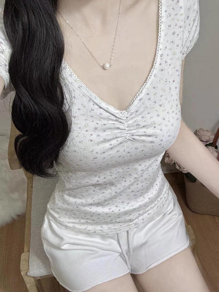 Brandy girl bm纯欲碎花打褶花边V领蝴蝶结短袖t恤女2025新款小众