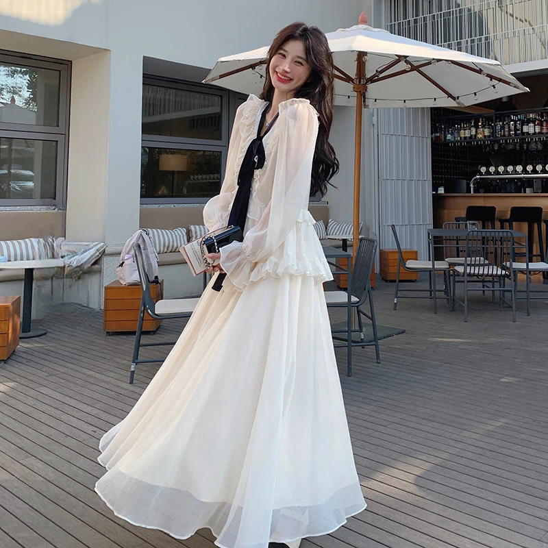 绝美假两件白色连衣裙裙子女2025法式新款超气质大裙摆长裙a字裙