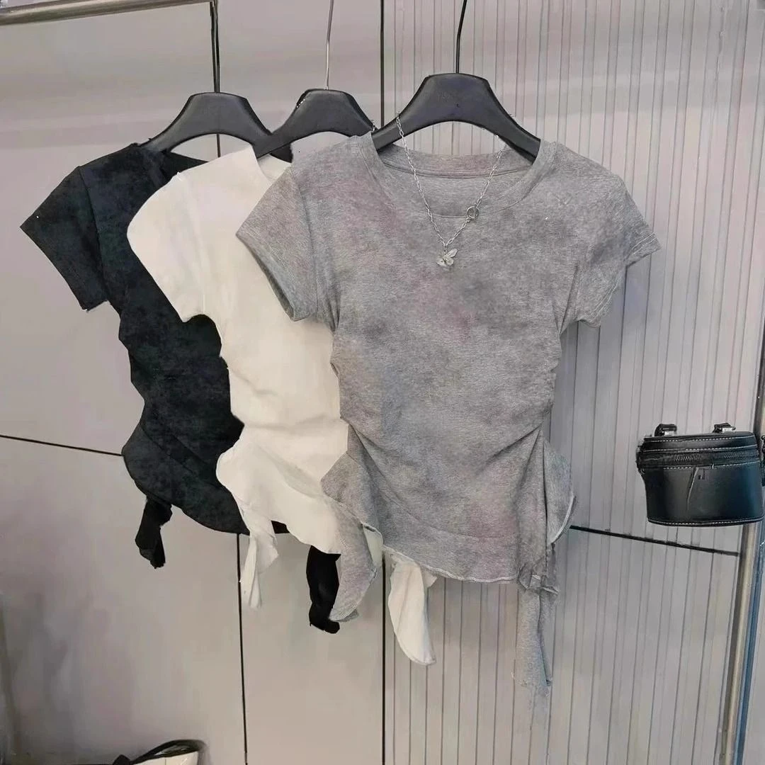 夏季新款圆领扎染法式荷叶边下摆短袖T恤欧若风修身显瘦褶皱上衣