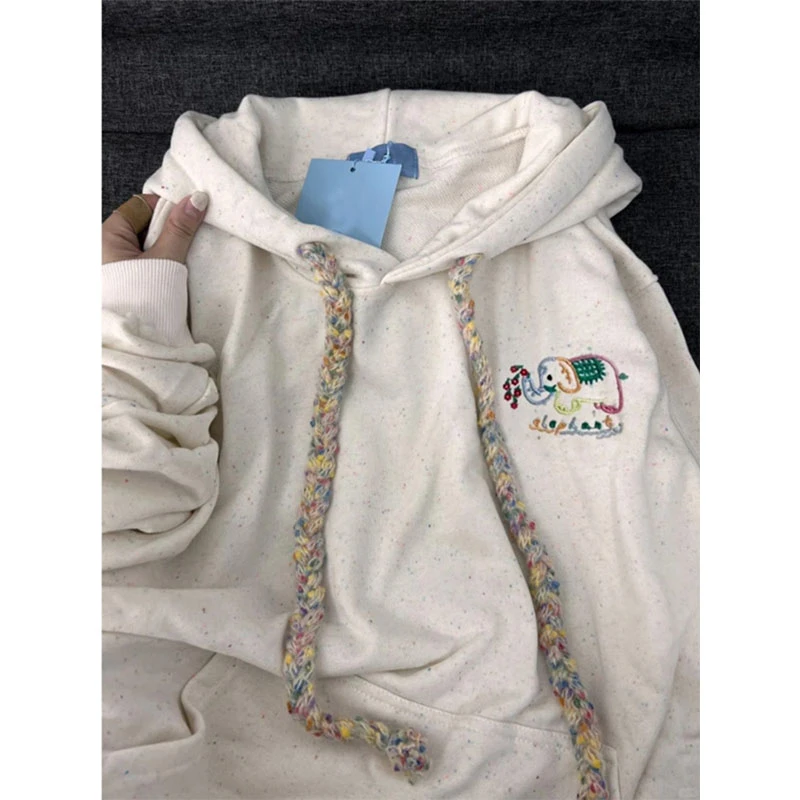 学院风彩点小象刺绣连帽卫衣女秋冬季设计感加绒加厚宽松外套上衣