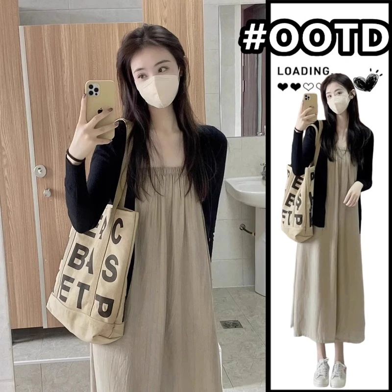 孕妇连衣裙夏天外出时尚洋气春夏季法式吊带裙长裙开衫怀孕待产裙