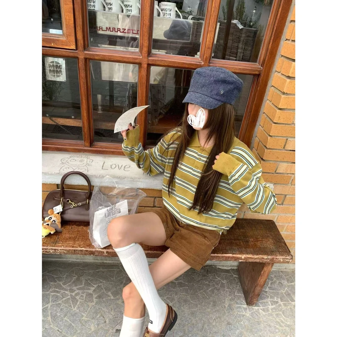 【格肉福女孩】秋季POLO领长袖针织衫女气质休闲复古条纹上衣A1441