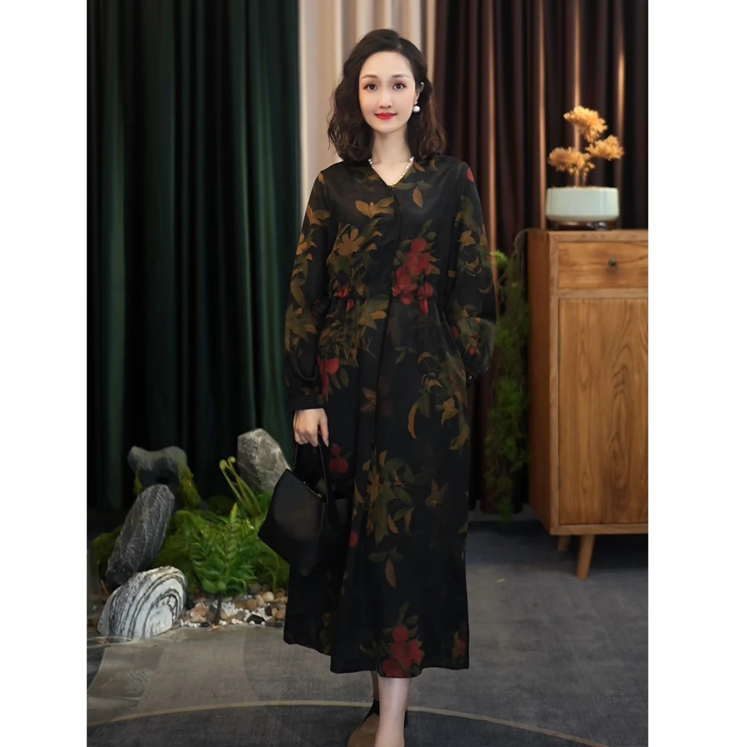 【辰辰高定】荔枝纹重磅花萝香云纱连衣裙桑蚕丝收腰抽绳23-Z812