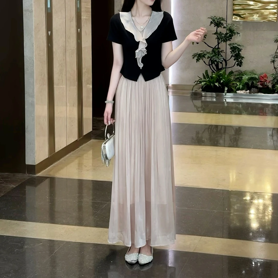 蔡小姐【上衣+裤子】夏日简约套装凉爽两件套琉璃冰丝垂感显瘦裙裤