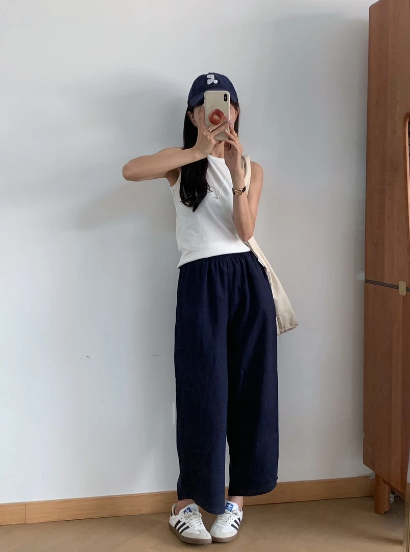 菲菲惊喜社1517法国雨露麻斜角直筒裤