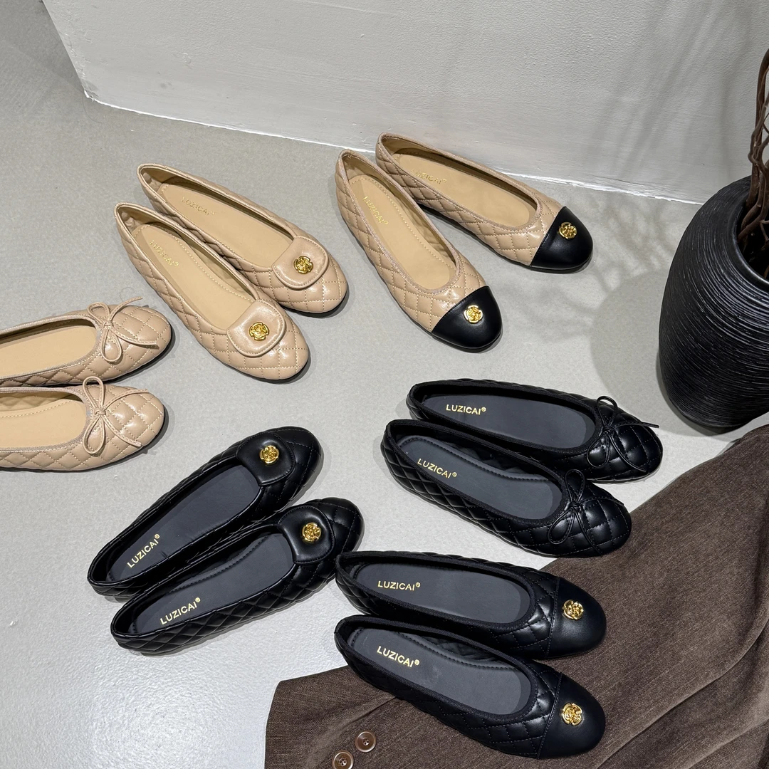 小香风拼色玛丽珍鞋菱格山茶花浅口单鞋女圆头蝴蝶结芭蕾平底鞋