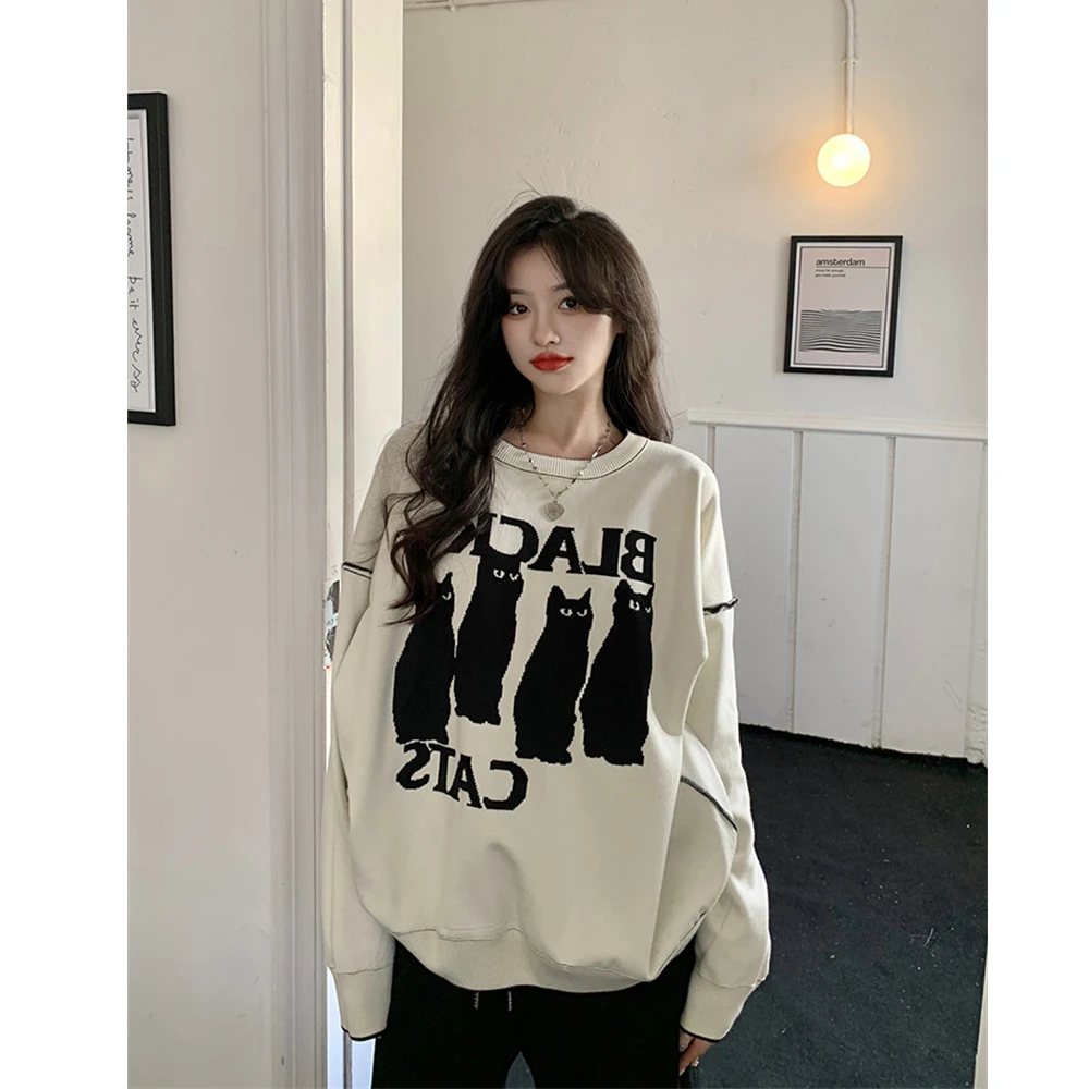 潮牌美式复古卫衣女秋冬小众洋气慵懒风韩版宽松显瘦长袖上衣ins