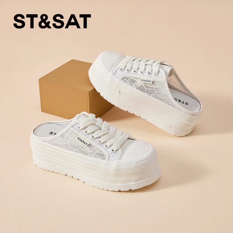 星期六蕾丝包头拖女士夏季外穿时尚厚底增高凉拖懒人一脚蹬半拖鞋