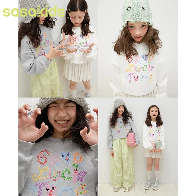 sasakids原创图案GOODLUCKTOME弹力双面棉彩色走针绣短款T长袖C2