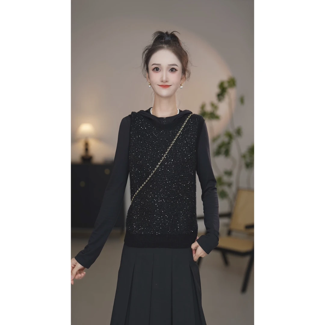阿玛施【官方正品】时尚潮流无袖羊毛针织马甲小香风亮片背心538087