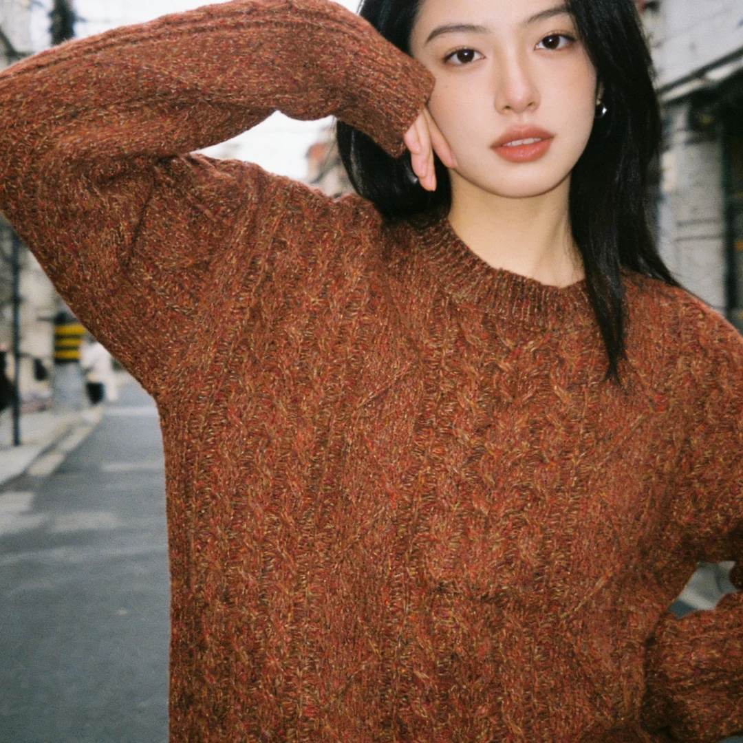 秋冬新款韩系复古圆领绞花宽松针织衫女毛衣外套7172