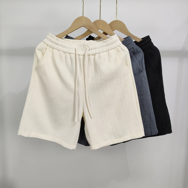 夏季新款麻花纹理休闲简约五分裤男生抽绳松紧腰直简宽松纯色短裤