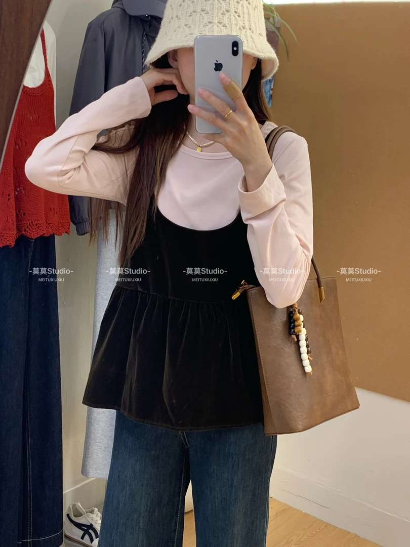 韩系穿搭ins简约秋季新款时尚休闲丝绒吊带+打底T恤两件套女597