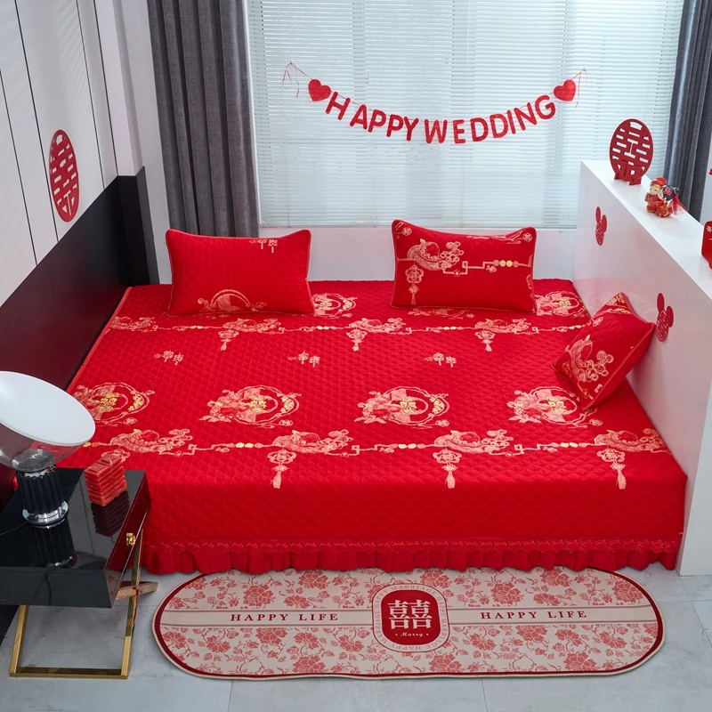 定做全棉榻榻米床盖加厚纯棉大红色防滑床单结婚婚庆夹棉加大炕盖