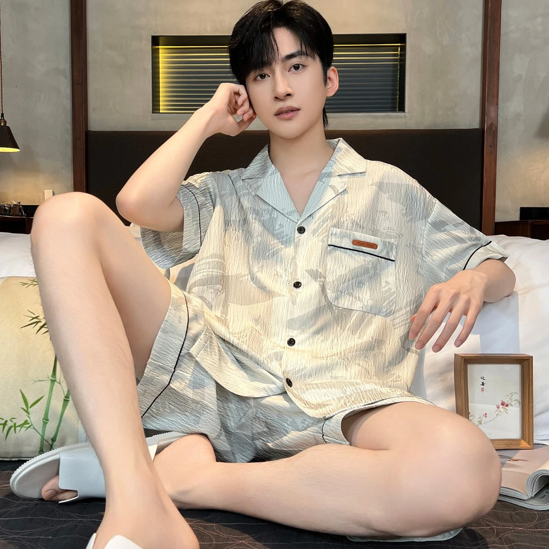 夏季睡衣男款短袖短裤云朵棉薄款大码宽松休闲简约卡通家居服套装