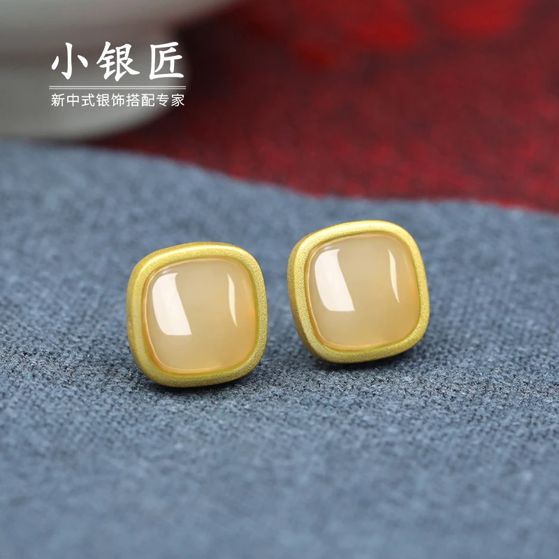 小银匠925银耳钉和田玉方糖方块时尚经典轻奢新中式国风复古耳饰
