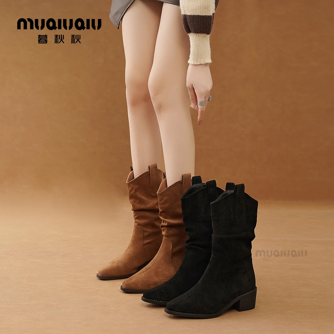 暮秋秋韩版牛仔靴女2025秋冬粗跟短靴套筒褶皱堆堆靴中筒骑士靴子