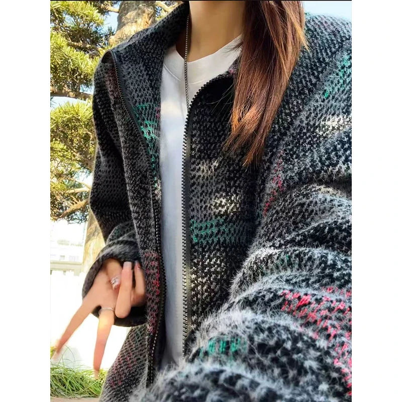 cleanfit彩色格子开衫卫衣男款冬季高级翻领毛茸外套痞帅情侣上衣