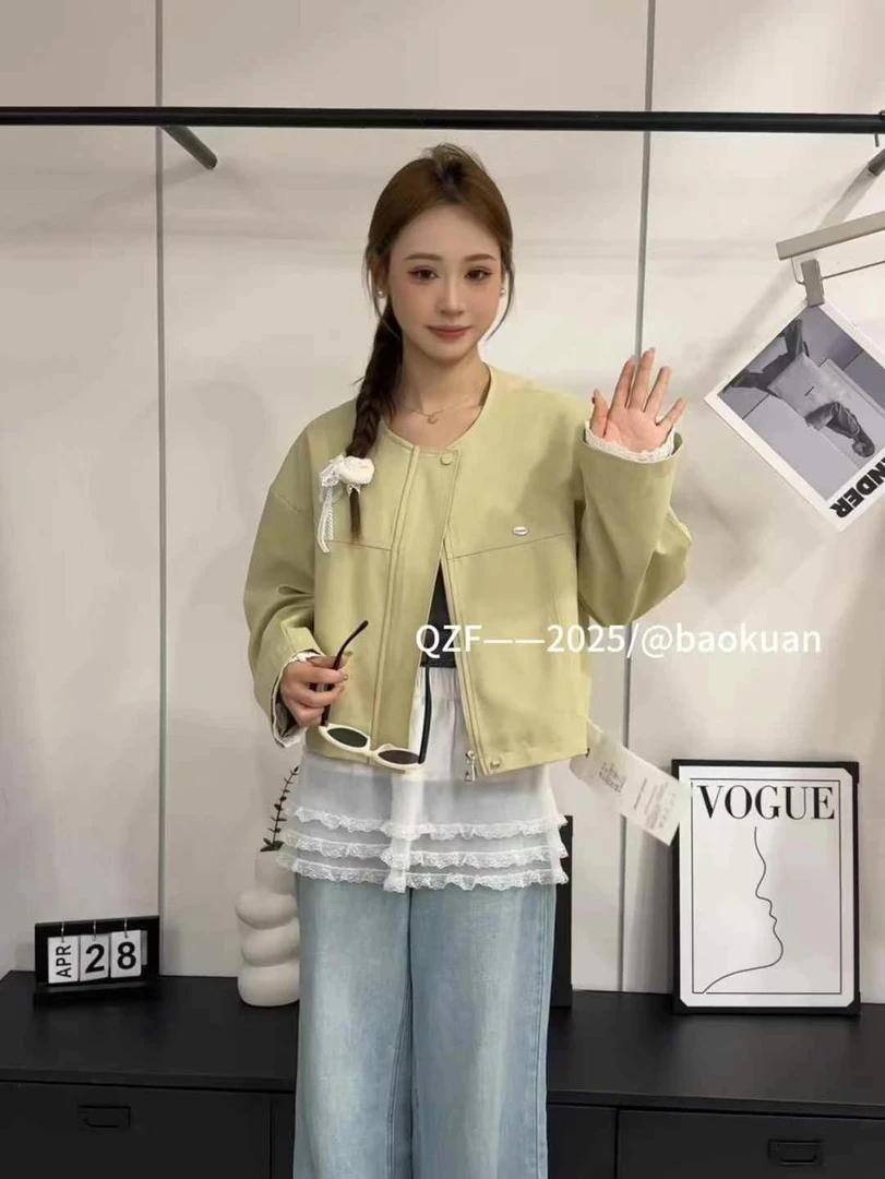 宽松型正肩袖森系常规拉链短外套牛仔宽松女士春秋