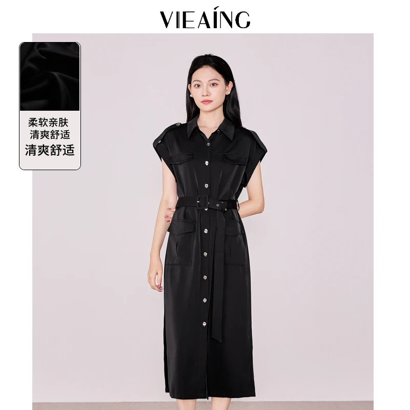 VIEA.ING薇迎黑色连衣裙女2025夏季新款通勤穿搭短袖法式气质裙子