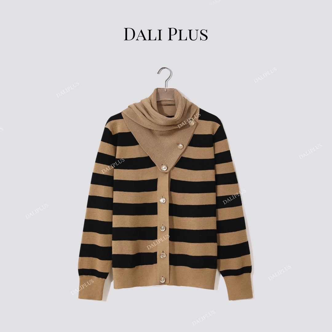 DALI PLUS“可拆卸围巾条纹毛衣”100绵羊毛混纺针织衫-D5CH5436-1