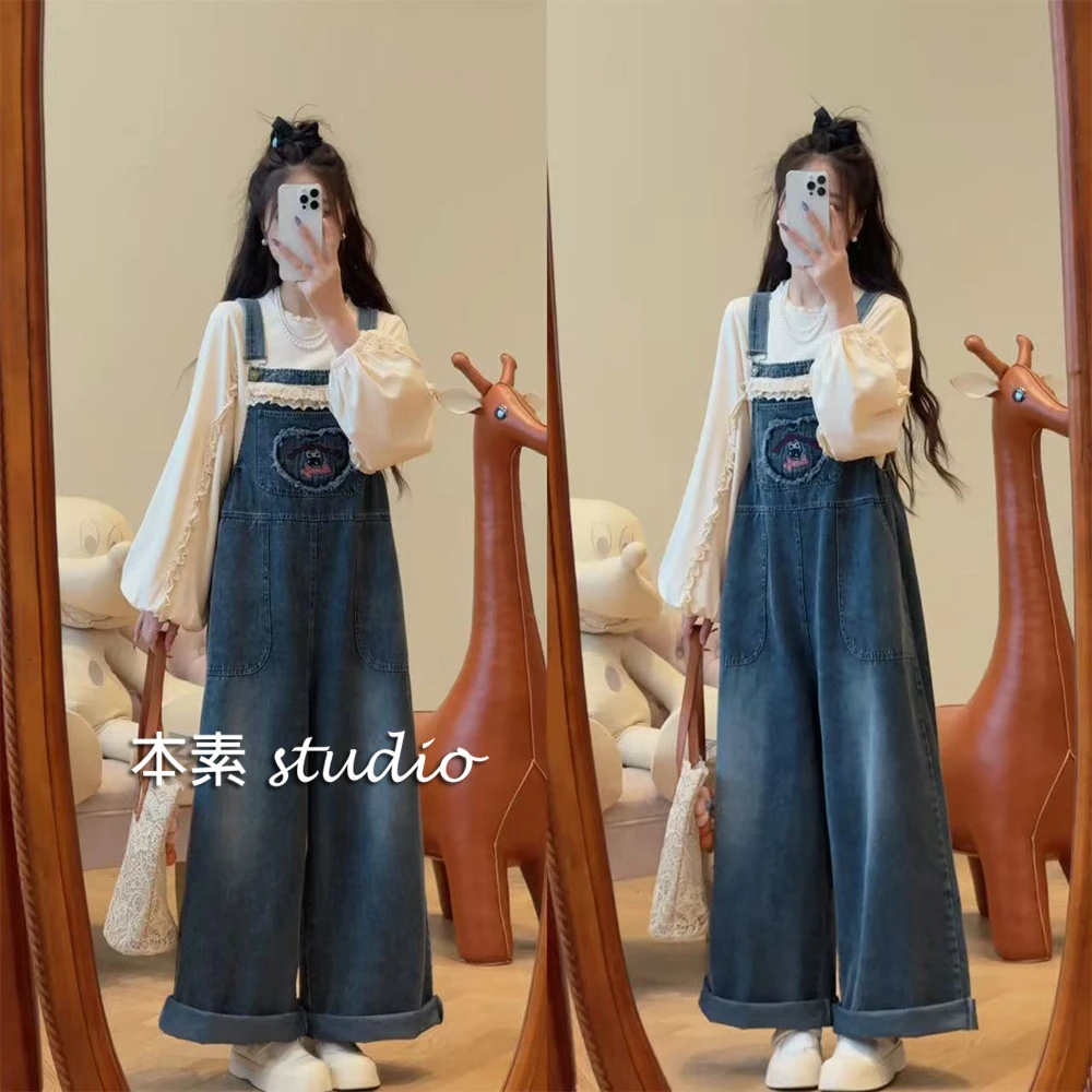 樱桃甜心Y2561毛边爱心刺绣蕾丝边可调节牛仔背带裤