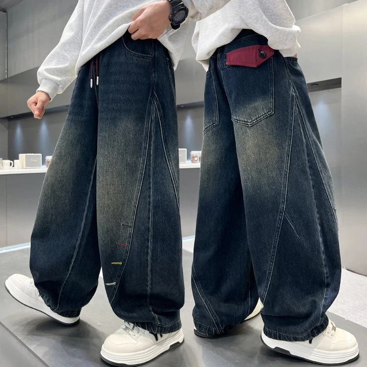 【秋款上新】儿童牛仔弯刀裤中大童拼接时髦潮酷痞帅男女童宽松裤子