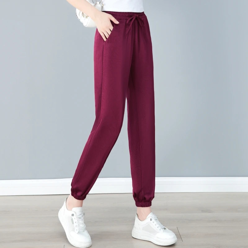 冰丝哈伦裤女2025夏季新款薄款高腰垂感醋酸缎面九分束脚裤