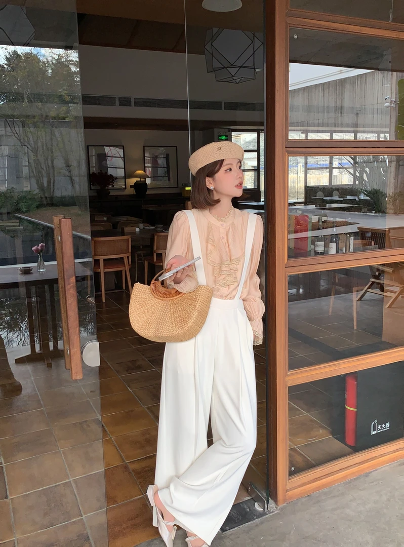 【芝士Cheese】挚爱出街 早春白色高腰背带阔腿款显瘦直筒背带裤