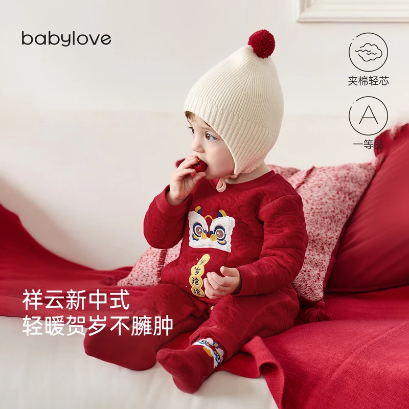 babylove婴儿连体衣秋冬季夹棉宝宝衣服保暖长袖爬服新中式拜年服