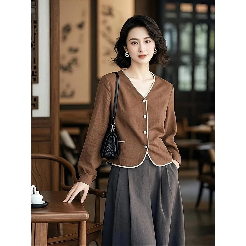 超好看早春新款小衫复古女士长袖V领亚麻衬衫内搭赫本风棉麻上衣