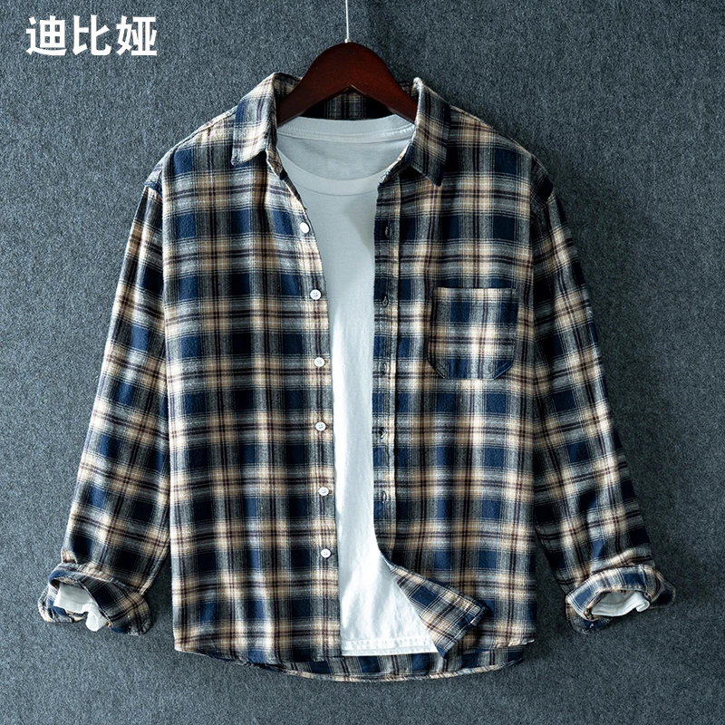 迪比娅秋季男长袖法兰绒格子衬衫文艺休闲宽松复古磨毛格纹衬衣M