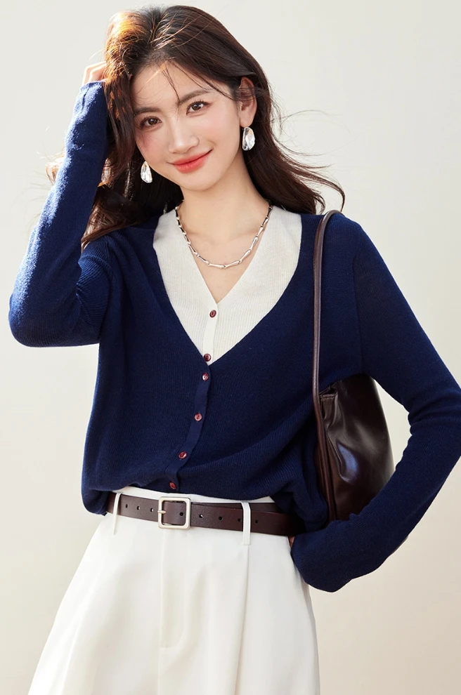 假两件针织开衫2025秋季新款简约时尚设计慵懒风撞色上衣女