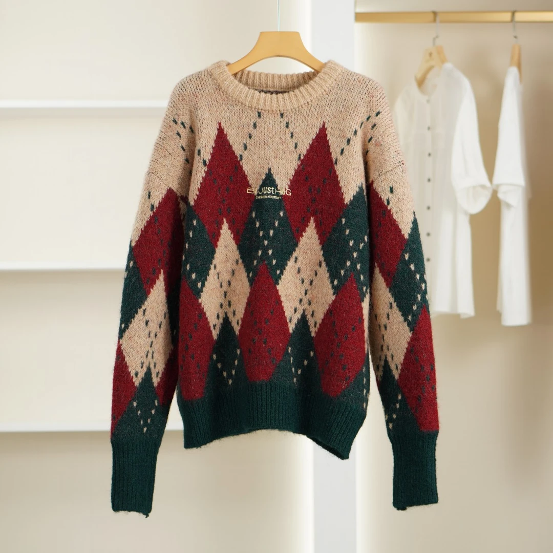 麦迪尚品【朵颐之秀】Y196春款菱格圆领针织衫女装专柜撤柜正品