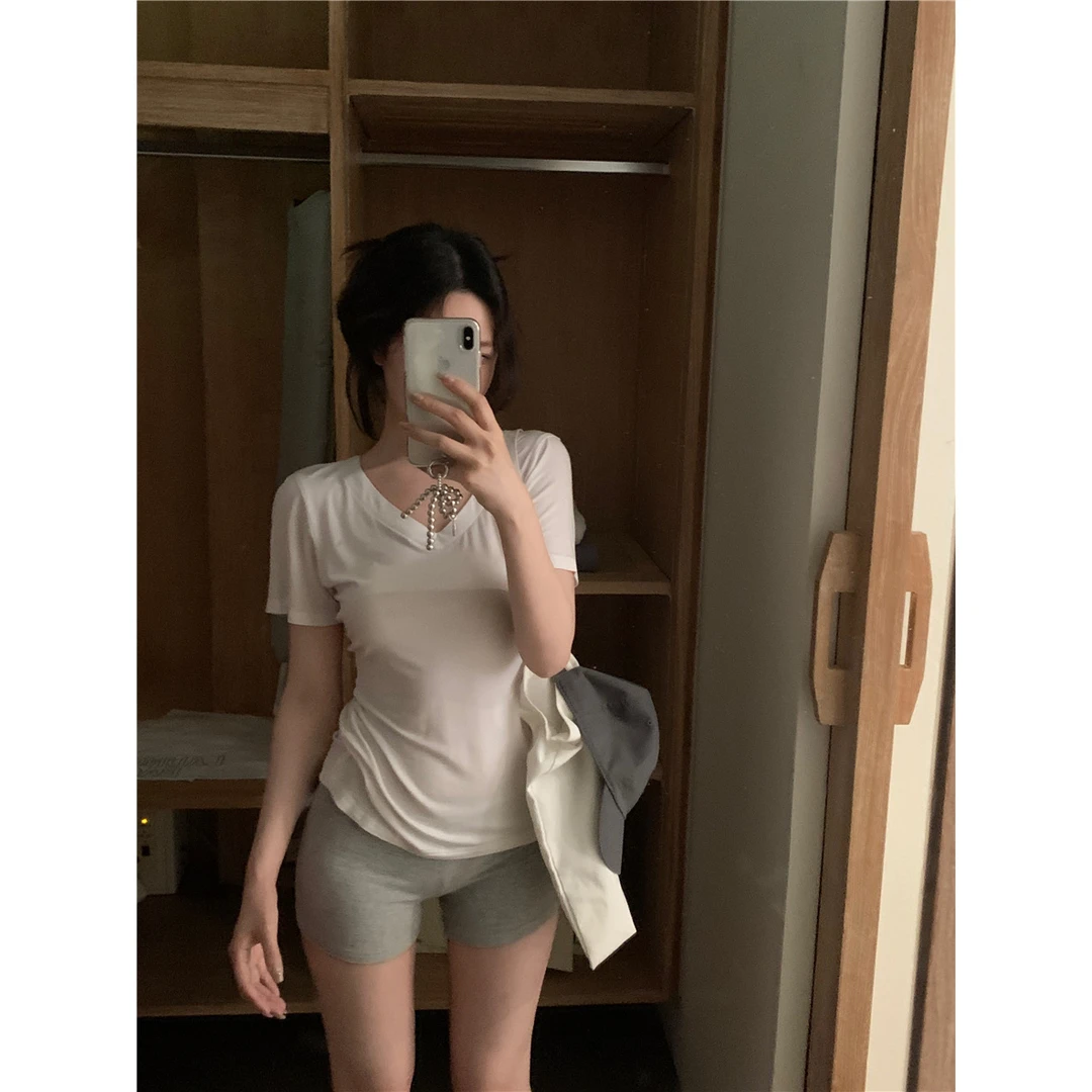 白色v领正肩短袖T恤女2025夏季新款修身紧身收腰基础简约百搭上衣