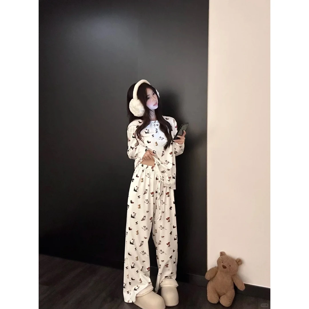 小众设计感慵懒感小狗睡衣女秋冬软萌时髦潮流纯棉套头可外穿