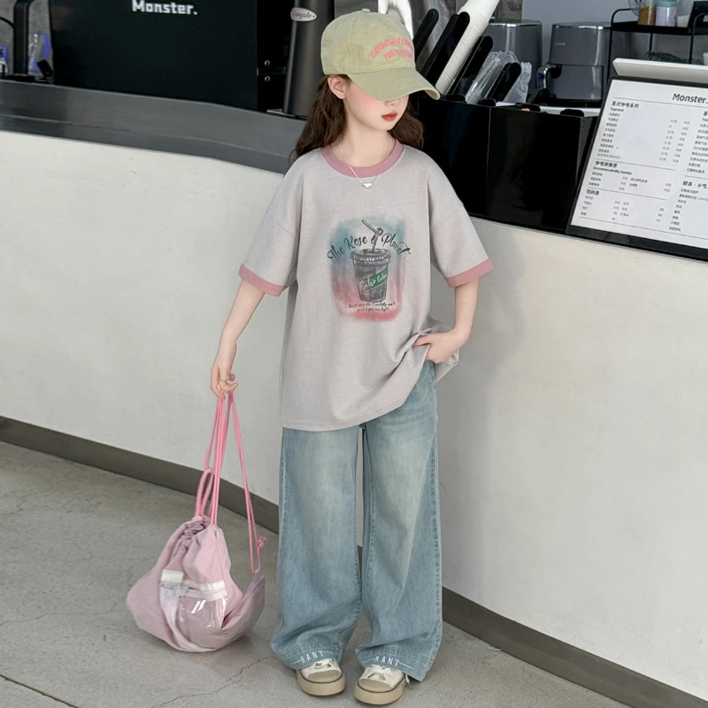 女童短袖t恤2025新款儿童夏装洋气时髦中大童女孩夏季半袖上衣潮