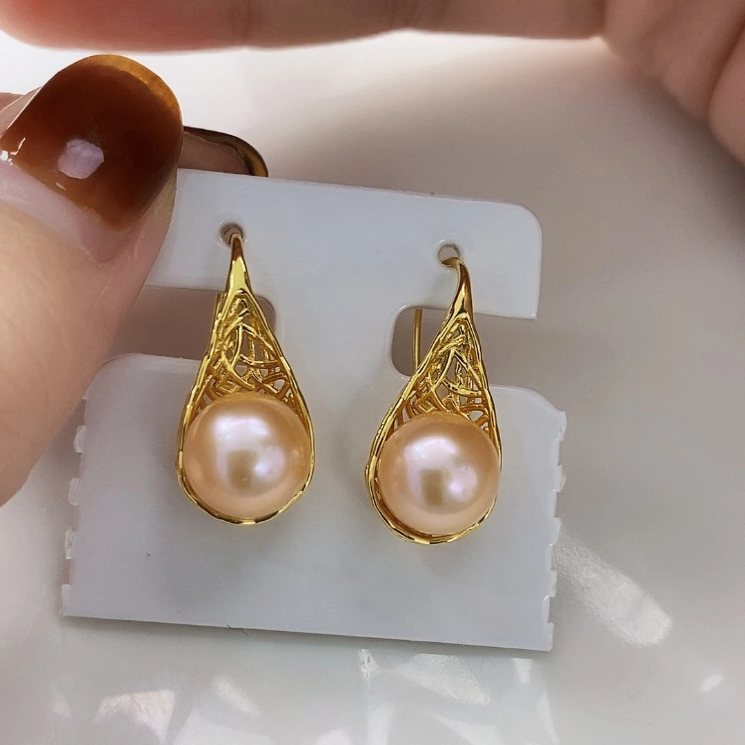 银S925镶嵌特价福利极光爱马橙耳饰8-10m m淡水珍珠